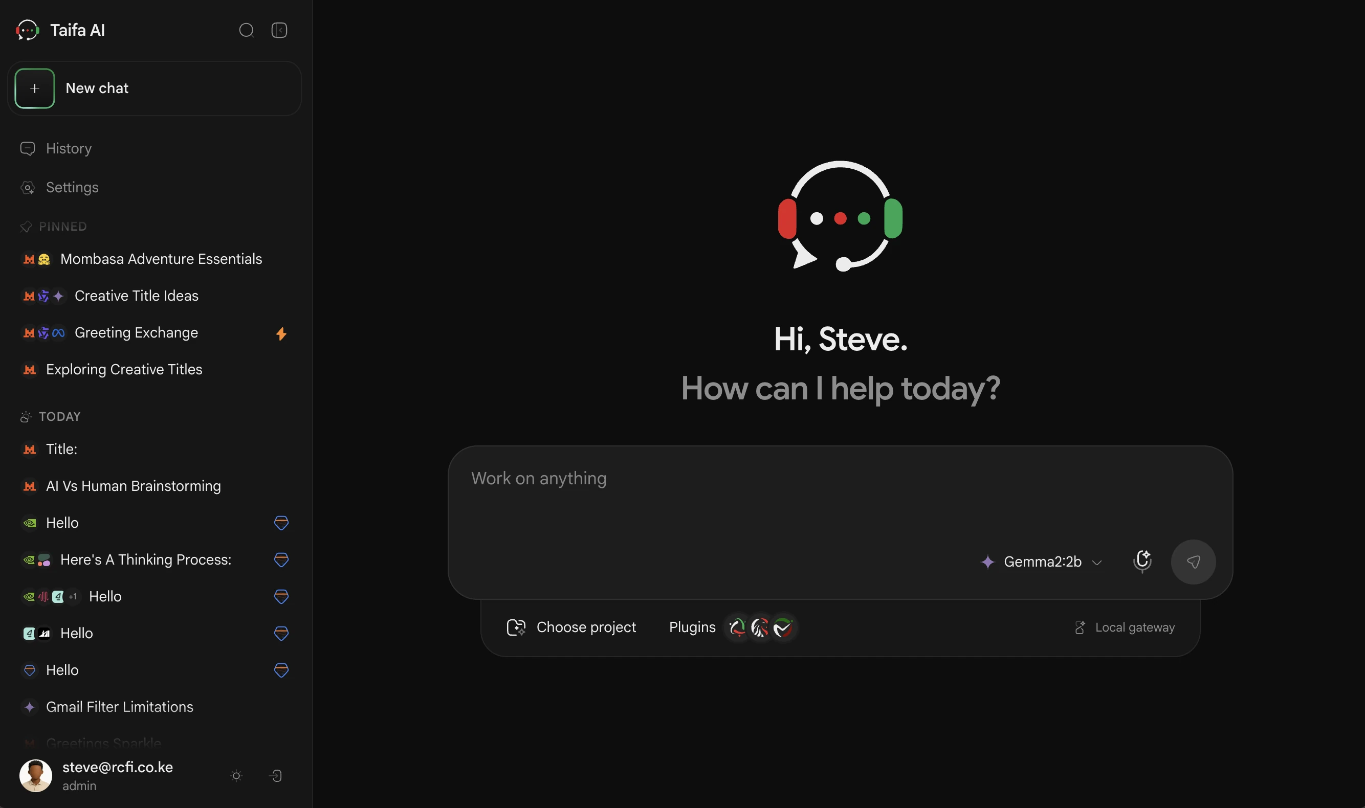 The Taifa AI console: a thread sidebar on the left, and a composer showing the selected model and the local gateway it is pointed at.