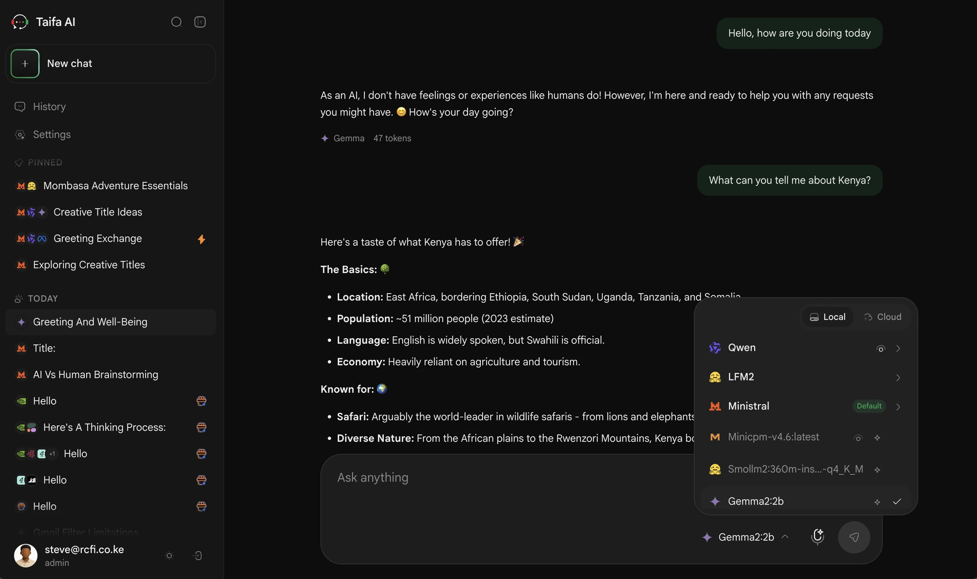A conversation in the Taifa AI console. The reply shows which model answered and how many tokens it cost, and the model picker is open on its Local tab listing the models installed on the machine.